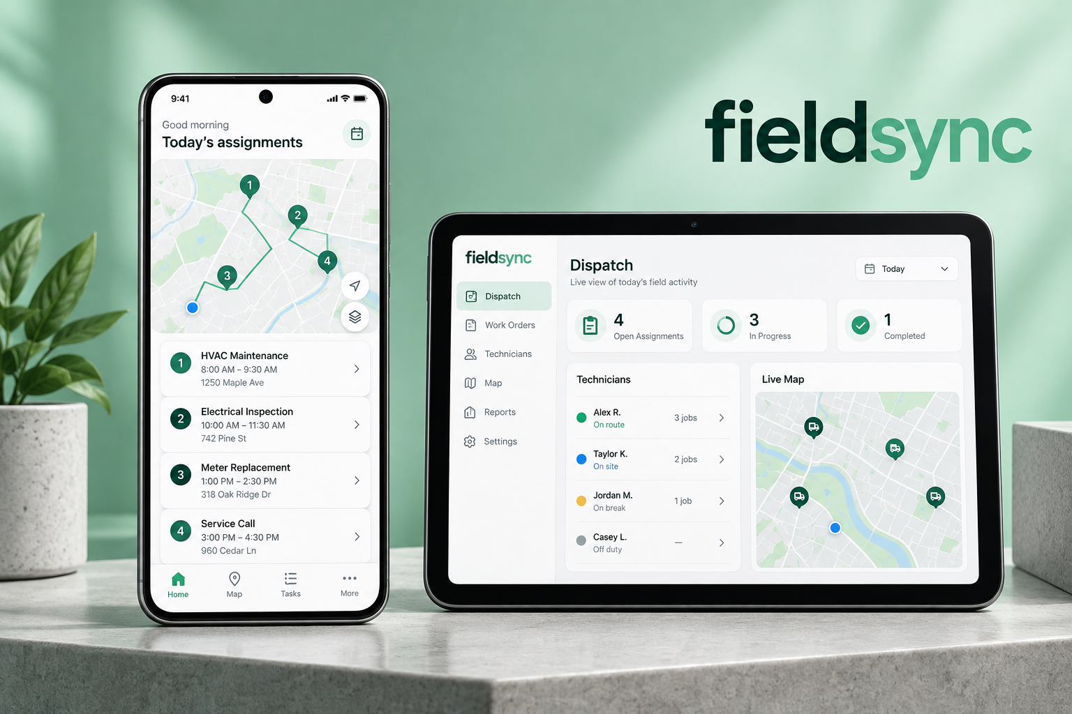 FieldSync concept showing a mobile assignment map and tablet dispatch dashboard
