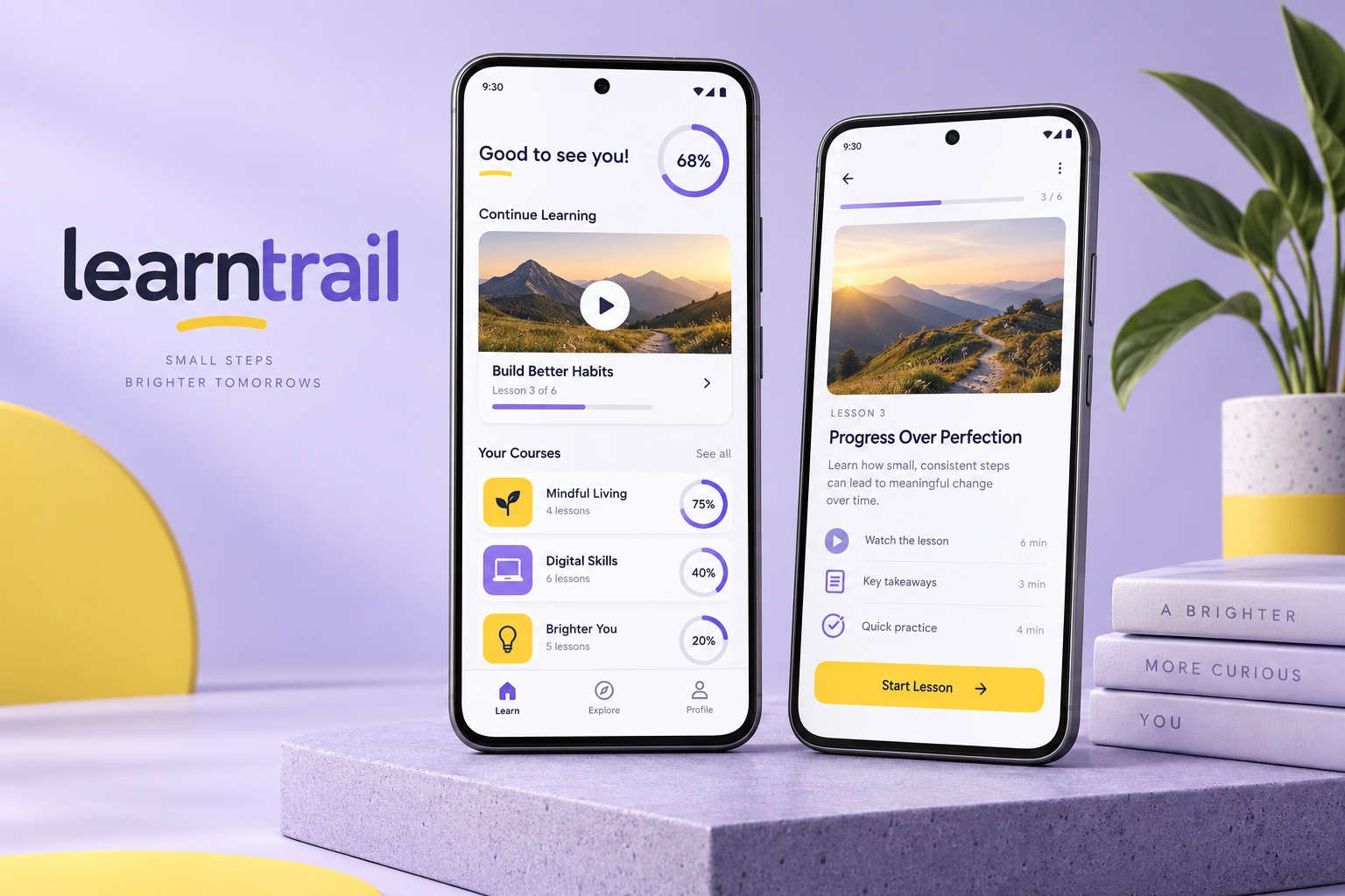 LearnTrail concept showing mobile lessons and course progress screens