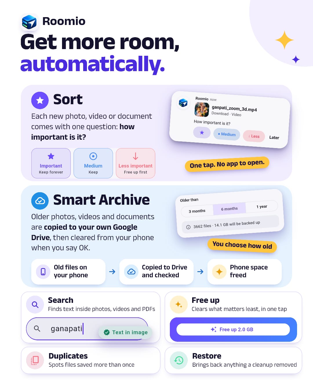 Overview of Roomio sorting, search, archive, duplicates and restore features