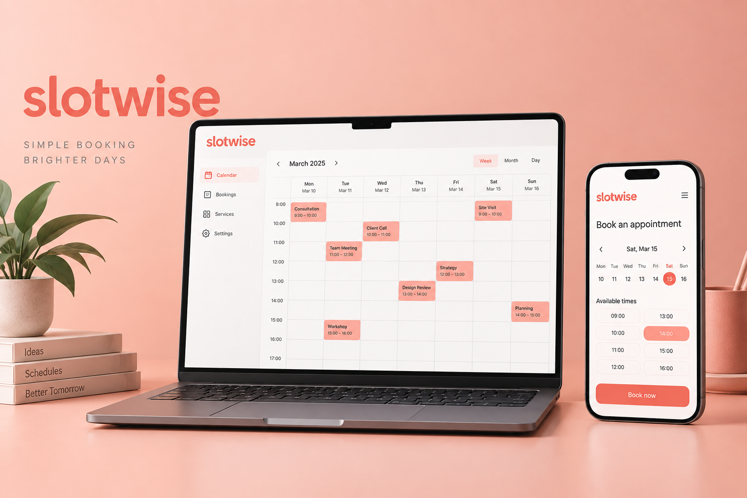 Slotwise concept showing a booking calendar on a laptop and appointment slots on a phone