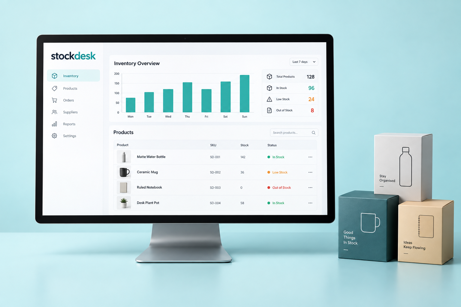 StockDesk concept showing an inventory dashboard with product stock and charts